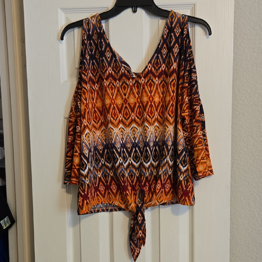Orange and Brown Asymmetrical Tie Front Blouse